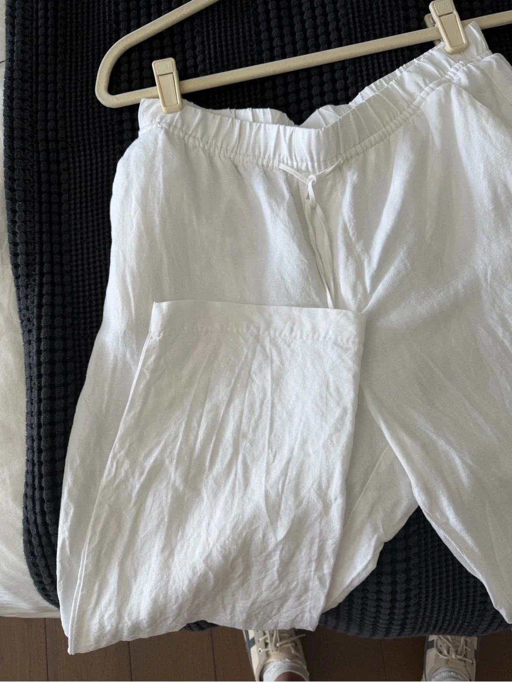 H&M White Linen Pants Cropped Elastic-Waist Tapered Classic Fit